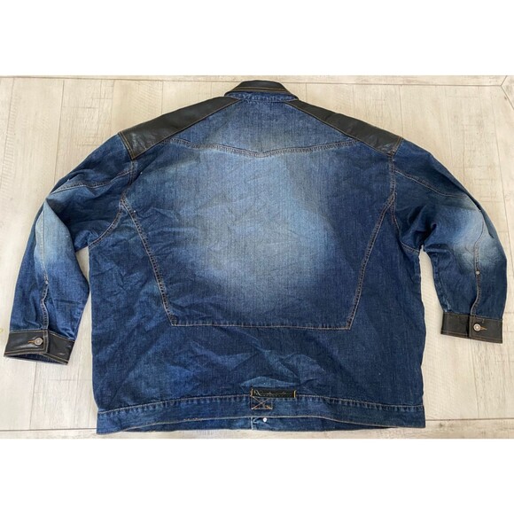 Vtg PELLE PELLE Denim Shirt Jacket Men's 4XL Dark Wash Fade Button Leather Trim - Picture 2 of 13